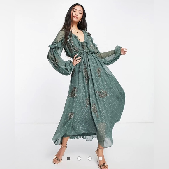 ASOS Dresses & Skirts - ASOS DESIGN embellished textured midi dress with ruffle and tie detail - size 6